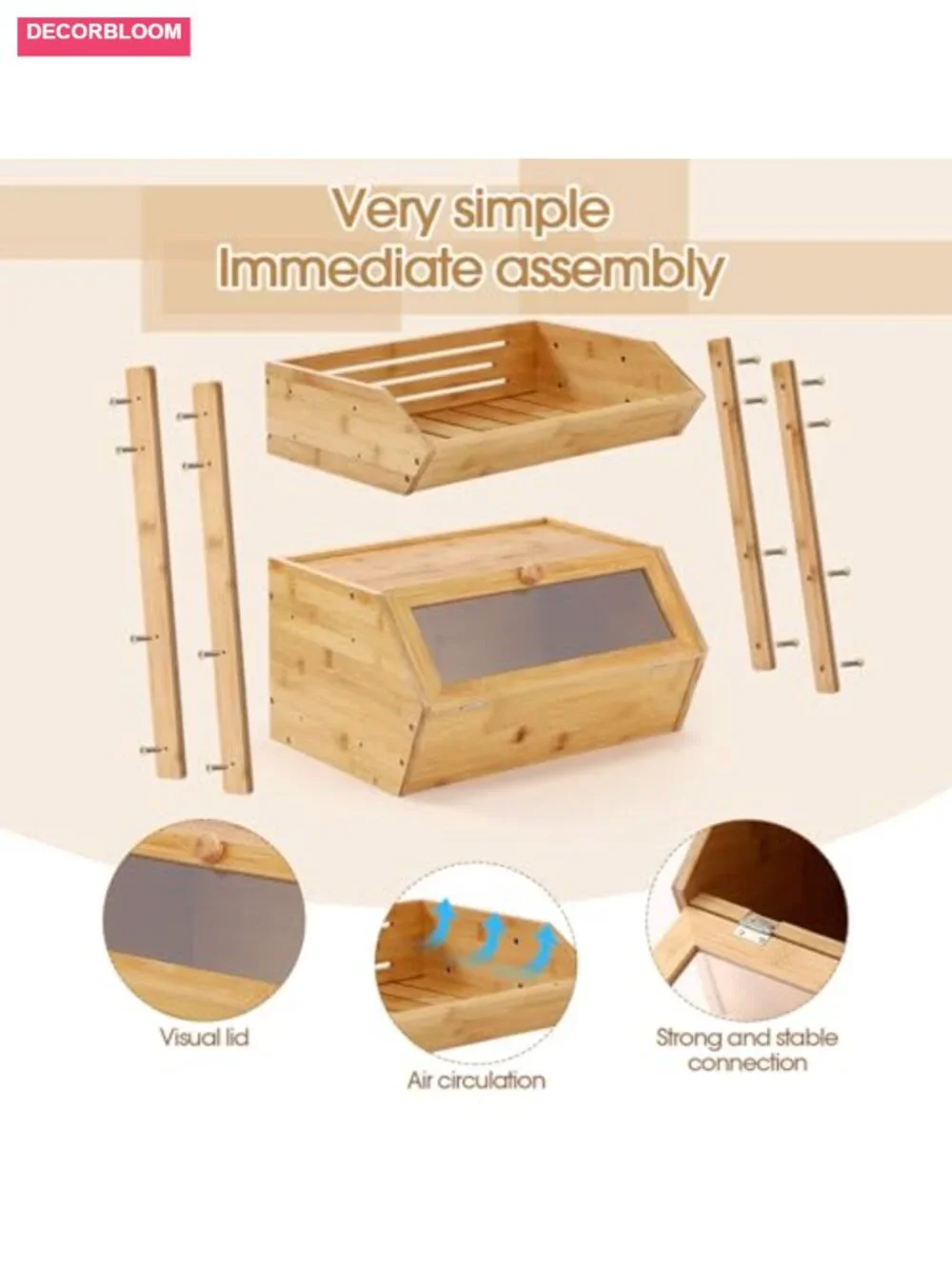 2 Tier Bamboo Bread Box with Fruit Basket for Kitchen Countertop Storage